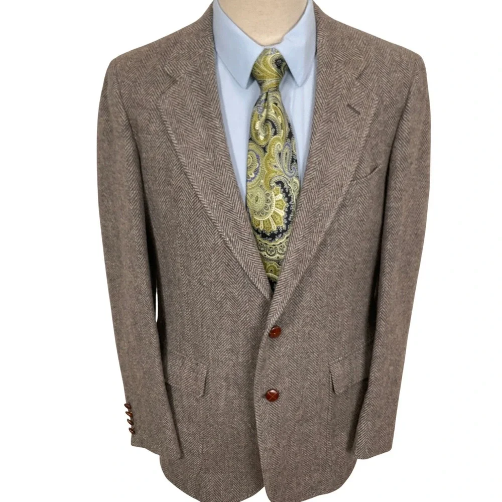 Stanbrooke Shop Blazer Mens 42R Brown Herringbone Leather Buttons Academic Tweed